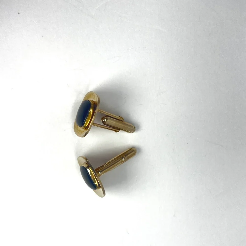 Vintage Anson Onyx Cufflinks Gold Tone‎ Black Center Bullet Back Signed
